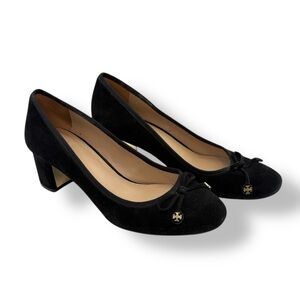 Tory Burch Elegant Black Suede Heeled Pumps with Bows, Women's Size 7